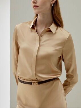 Lilysilk 100% Mulberry Silk Silhouette Button Down Shirt Blouse Size Small S Tan